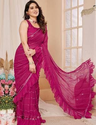 Pink embroidered mirror work ruffles saree with unstitched blouse piece 2