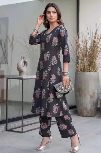 Black printed rayon co-ord set for women