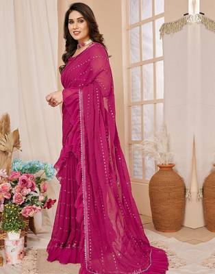 Pink embroidered mirror work ruffles saree with unstitched blouse piece 3