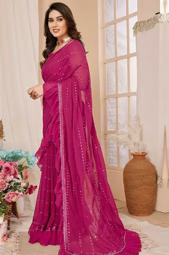 Pink embroidered mirror work ruffles saree with unstitched blouse piece