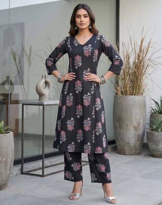 Black printed rayon co-ord set for women 5