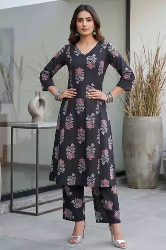 Black printed rayon co-ord set for women