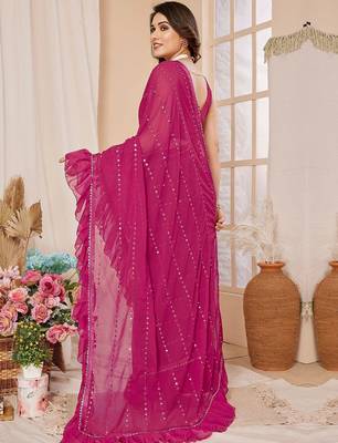 Pink embroidered mirror work ruffles saree with unstitched blouse piece 4