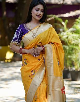 Yellow woven design zari paithani saree 1
