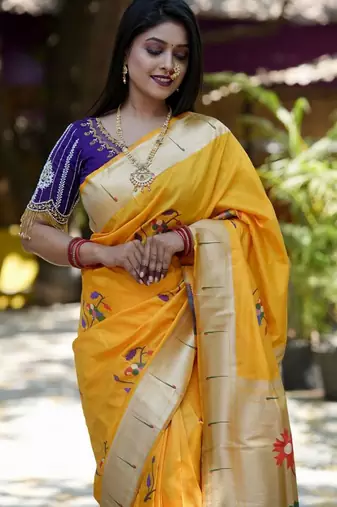 Yellow woven design zari paithani saree
