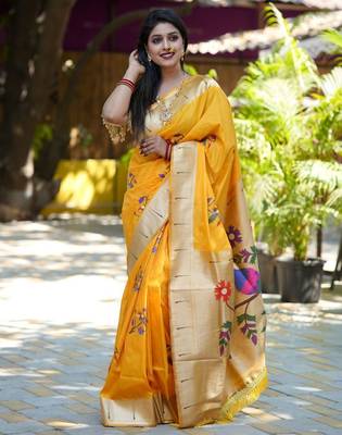 Yellow woven design zari paithani saree 4