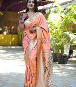 Peach woven design zari paithani saree