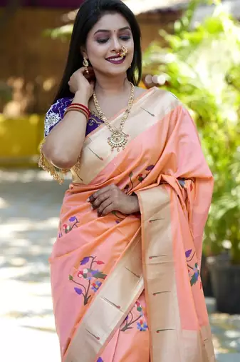 Peach woven design zari paithani saree
