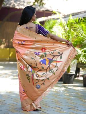Peach woven design zari paithani saree 3