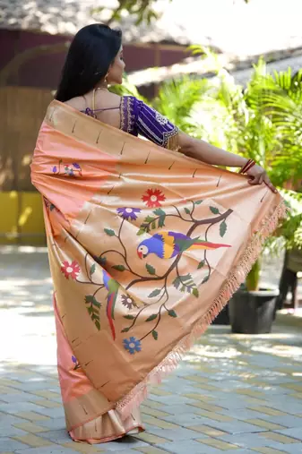Peach woven design zari paithani saree