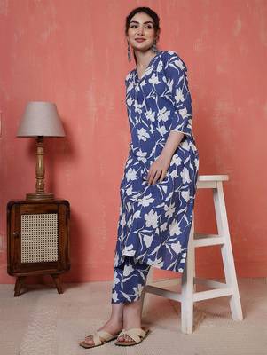 Blue printed cotton co-ord set for women 1