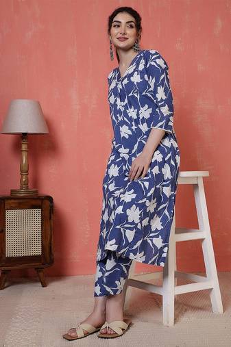 Blue printed cotton co-ord set for women