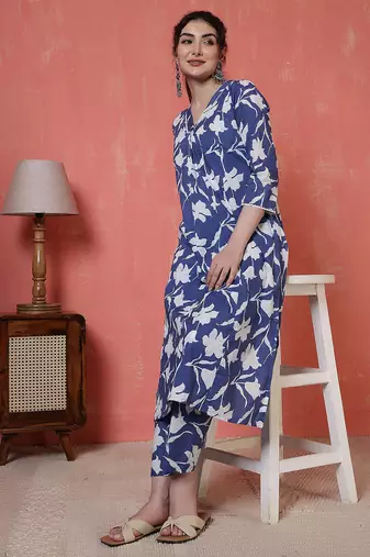 Blue printed cotton co-ord set for women
