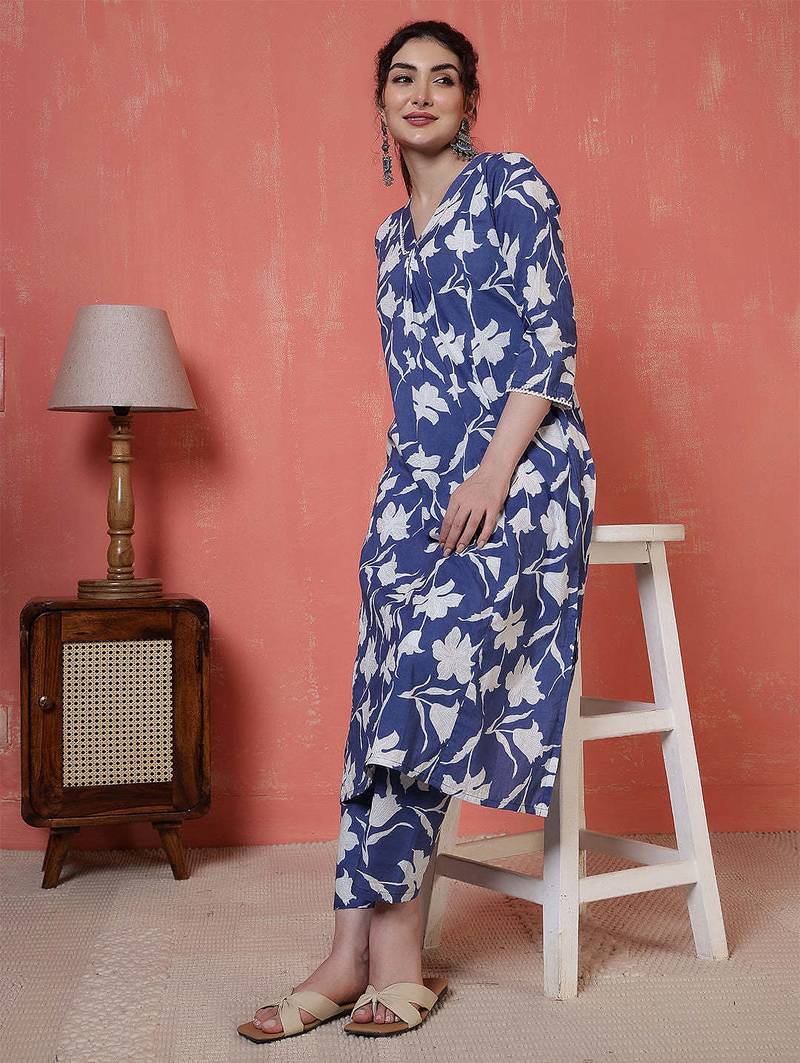 Blue printed cotton co-ord set for women