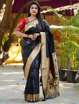 Black woven design zari paithani saree 1