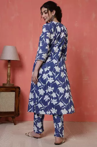 Blue printed cotton co-ord set for women