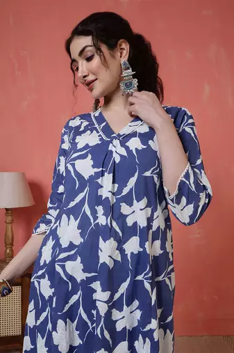 Blue printed cotton co-ord set for women