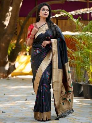 Black woven design zari paithani saree 4