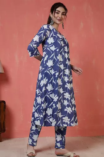 Blue printed cotton co-ord set for women