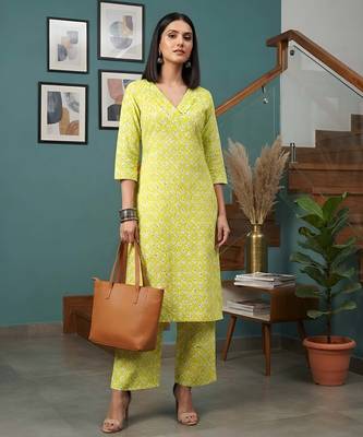 Yellow printed straight co-ords set for women 1