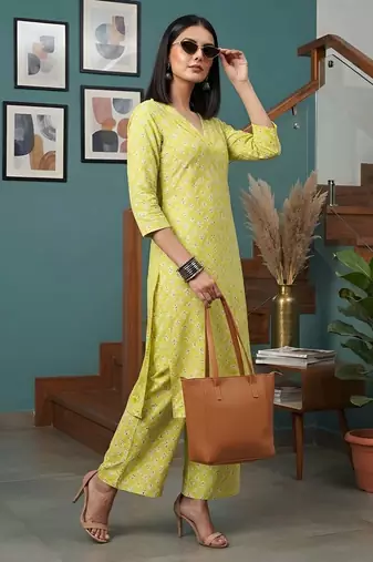 Yellow printed straight co-ords set for women