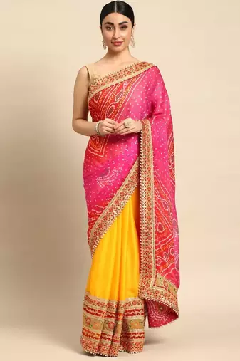 Yellow yellow pure chiffon bandhani sarees
