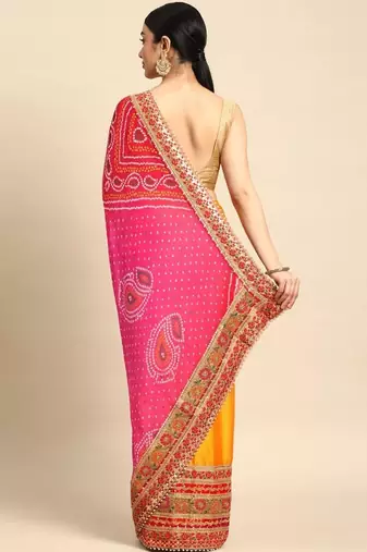 Yellow yellow pure chiffon bandhani sarees