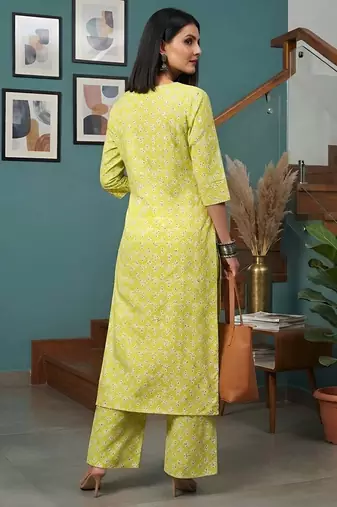 Yellow printed straight co-ords set for women