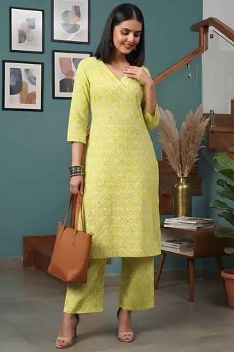 Yellow printed straight co-ords set for women
