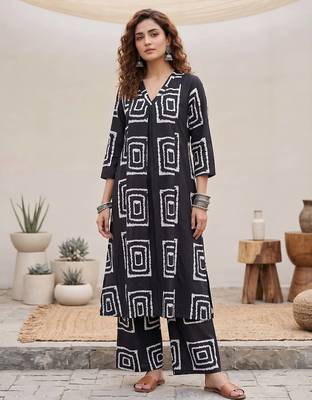 Black printed rayon co-ord set for women 1