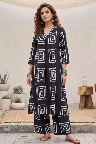 Black printed rayon co-ord set for women