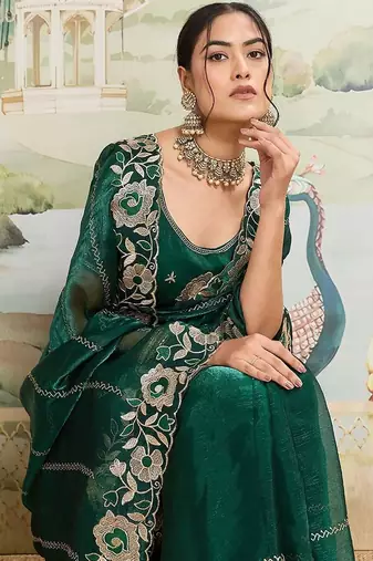 Green embroidered organza saree