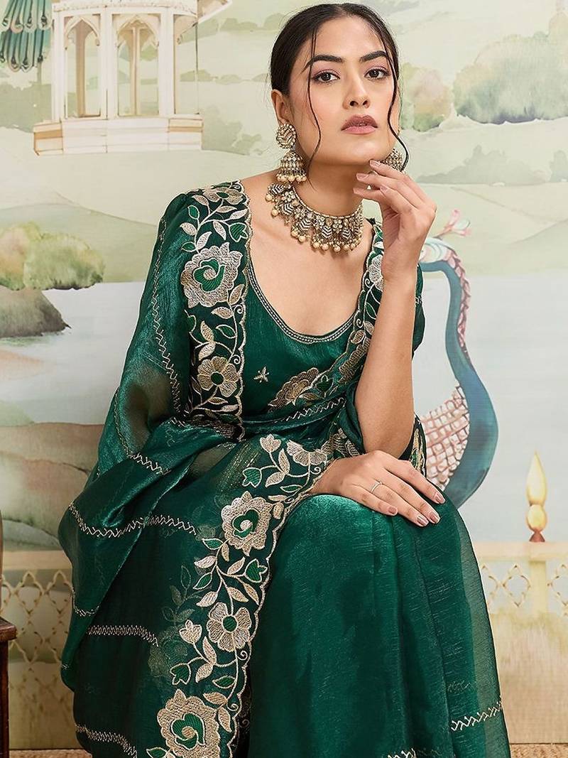 Green embroidered organza saree