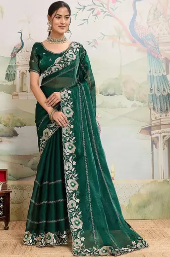 Green embroidered organza saree