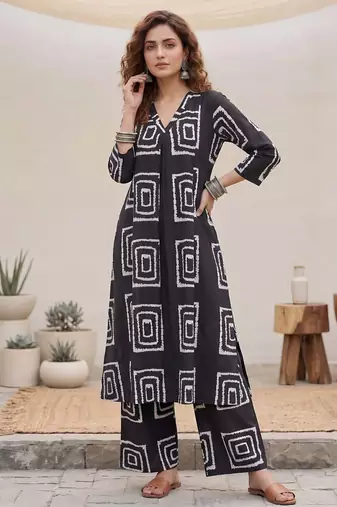 Black printed rayon co-ord set for women