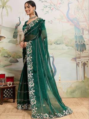 Green embroidered organza saree 3