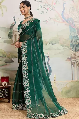 Green embroidered organza saree