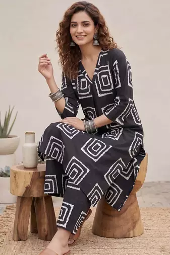 Black printed rayon co-ord set for women