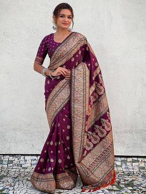 Purple woven design pashmina saree  with unstitched blouse piece 1