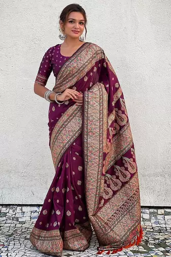 Purple woven design pashmina saree  with unstitched blouse piece