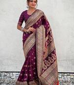 Purple woven design pashmina saree  with unstitched blouse piece