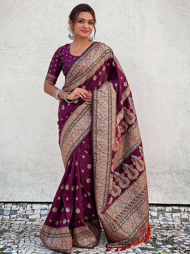 Purple woven design pashmina saree  with unstitched blouse piece