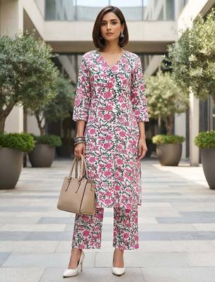 White & pink printed straight co-ords set for women 1