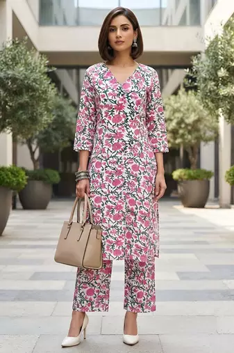 White & pink printed straight co-ords set for women