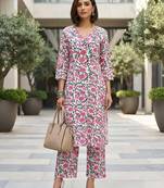 White & pink printed straight co-ords set for women
