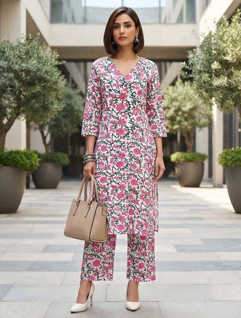 White & pink printed straight co-ords set for women