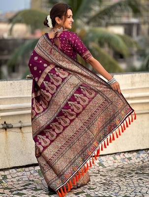 Purple woven design pashmina saree  with unstitched blouse piece 2
