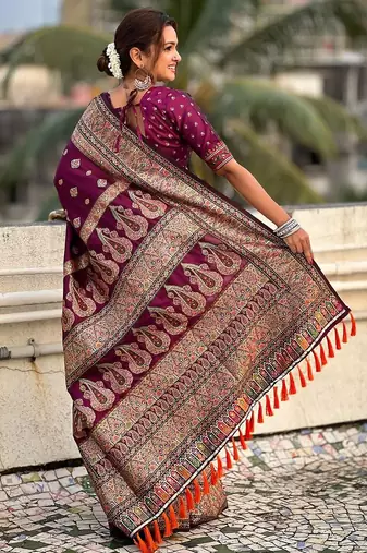 Purple woven design pashmina saree  with unstitched blouse piece