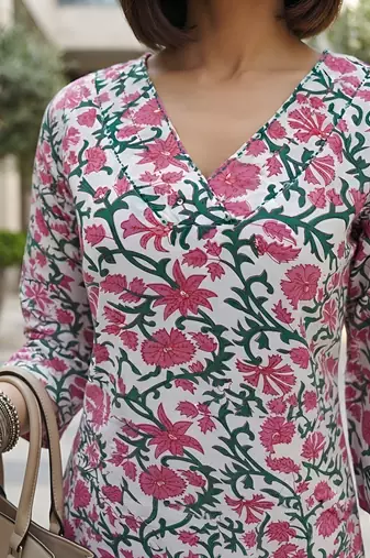 White & pink printed straight co-ords set for women