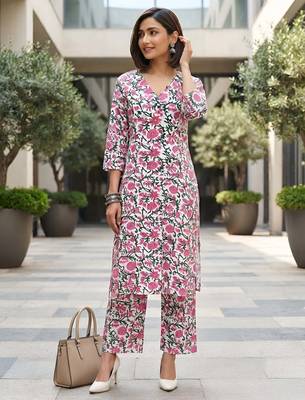 White & pink printed straight co-ords set for women 3
